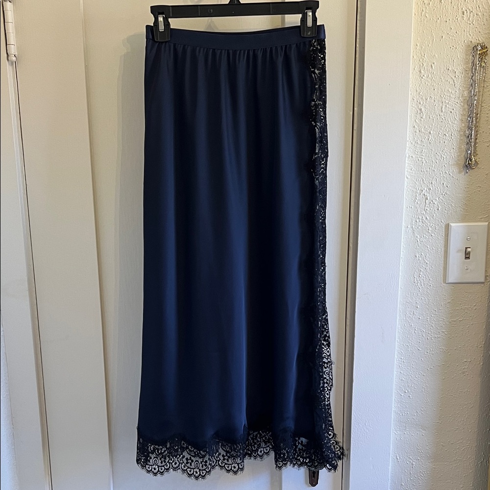 Halogen Navy Midi Slip Skirt with Lace Detail